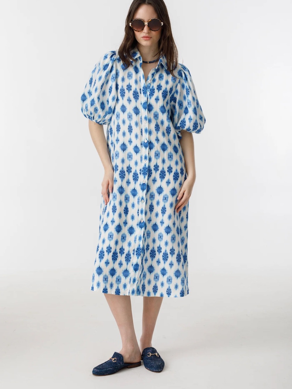 Lanhtropy Linen Blue Ikat Button-Front Midi Dress - XL - NWT
